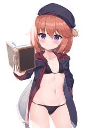 Rule 34 | 1girl, 2drr, beret, bikini, black bikini, black hat, black jacket, blush, book, braid, breasts, collarbone, commentary request, cowboy shot, groin, hair between eyes, hand in pocket, hand up, hat, highres, holding, holding book, hood, hooded coat, jacket, long hair, navel, open book, open clothes, open jacket, princess connect!, reading, red jacket, revision, short hair, simple background, small breasts, solo, standing, stomach, swimsuit, white background, yuni (princess connect!)
