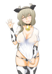 Rule 34 | 1girl, absurdres, animal ears, animal print, bell, bikini, bikini bottom only, black choker, breasts, choker, cleavage, closed eyes, cow ears, cow horns, cow print, detached sleeves, facing viewer, fake animal ears, fake horns, grey hair, highres, horns, large breasts, long hair, mashalxxxxxx, mature female, neck bell, no bra, no pants, open mouth, print bikini, print sleeves, print thighhighs, see-through, shirt, shirt tug, simple background, smile, solo, standing, sweatdrop, swimsuit, t-shirt, textless version, thigh gap, thighhighs, uzaki-chan wa asobitai!, uzaki tsuki, waving, white background, white bikini, white shirt, white sleeves, white thighhighs