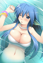Rule 34 | 1girl, bad id, bad pixiv id, blue eyes, blue hair, blush, bracelet, breast press, breasts, cleavage, dutch angle, fins, head fins, ikujitto, jewelry, large breasts, long hair, lying, madou monogatari, matching hair/eyes, mermaid, monster girl, navel, neck ring, on back, one eye closed, puyopuyo, serilly (puyopuyo), skindentation, solo, very long hair, water, wince, wink