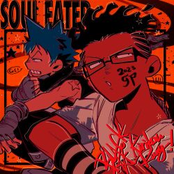 Rule 34 | 2boys, black hair, black star, blue hair, character name, copyright name, dated, english text, fingerless gloves, glasses, gloves, hand on own chin, highres, kilik lunge, larugo0513, looking to the side, multiple boys, scarf, shirt, shoulder tattoo, soul eater, spiked hair, star tattoo, tattoo, wavy hair, white shirt