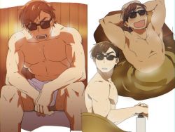 Rule 34 | 10s, 1boy, arms behind head, brown hair, male focus, naked towel, onsen, open mouth, partially submerged, sagami jon, sauna, simple background, sitting, smile, soap bottle, steam, sunglasses, sweat, tatsumi koutarou, towel, towel on head, white background, zombie land saga