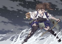 Rule 34 | &gt;:(, 10s, 1girl, arrow (projectile), black thighhighs, bow (weapon), breasts, brown eyes, brown hair, cleavage, cloud, cloudy sky, commentary request, flight deck, frown, hakama, hakama short skirt, hakama skirt, holding, horizon, japanese clothes, kaga (kancolle), kantai collection, leaning forward, long hair, machinery, meme, muneate, night, night sky, ocean, pleated skirt, side ponytail, skirt, sky, solo, tasuki, thighhighs, torn clothes, v-shaped eyebrows, waterskiing (meme), weapon, wind, yukiharu, zettai ryouiki