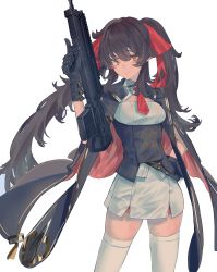 Rule 34 | 1girl, absurdres, assault rifle, belt, black gloves, black hair, blush, breasts, bullpup, buttons, cape, double-breasted, girls&#039; frontline, gloves, gun, hair ribbon, highres, holding, holding gun, holding weapon, kazukingu, long hair, orange eyes, qbz-97, red neckwear, red ribbon, ribbon, rifle, sidelocks, simple background, skirt, smile, solo, thighhighs, twintails, type 97 (girls&#039; frontline), very long hair, weapon, white background, white skirt, white thighhighs