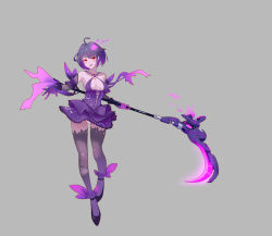 Rule 34 | 1girl, :d, absurdres, bare shoulders, breasts, cleavage, dress, elbow gloves, full body, gloves, grey background, high heels, highres, holding, holding scythe, holding weapon, honkai (series), honkai impact 3rd, looking at viewer, open mouth, panties, purple dress, purple footwear, purple gloves, purple hair, purple thighhighs, red eyes, scythe, seele (alter ego), seele vollerei, simple background, sleeveless, sleeveless dress, smile, solo, standing, tattoo, thighhighs, underwear, weapon, white panties, xionghan de guangtou