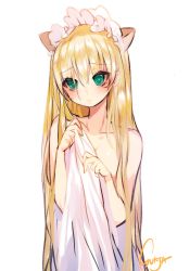 Rule 34 | 1girl, animal ears, bad id, bad pixiv id, bare shoulders, blonde hair, blush, covering privates, green eyes, long hair, looking at viewer, maid headdress, original, simple background, sketch, solo, sukja, tsurime, very long hair, white background