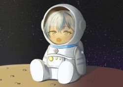 Rule 34 | 1girl, :o, absurdres, astronaut, blue hair, blush, chibi, hair between eyes, helmet, highres, hololive, open mouth, outer wilds, sitting, solo, space helmet, spacesuit, sparkling eyes, tsukito 5555, virtual youtuber, yellow eyes, yukihana lamy