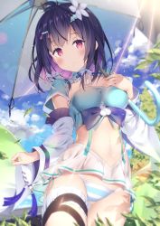 Rule 34 | 1girl, blue shirt, blurry, breasts, bridal garter, character request, choker, cloud, colored inner hair, cowboy shot, crop top, day, detached sleeves, falling leaves, flower, gluteal fold, hair flower, hair ornament, hairclip, hatsuki kaname, holding, houchi shoujo, kakou ha (houchi shoujo), leaf, light rays, looking at viewer, medium breasts, microskirt, midriff, multicolored hair, navel, outdoors, panties, parted lips, purple hair, red eyes, revealing clothes, shirt, short hair, short sleeves, sidelocks, skirt, solo, stomach, striped clothes, striped panties, sunbeam, sunlight, suspenders, thighs, umbrella, underwear, white flower, white skirt, wide sleeves
