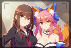 Rule 34 | 10s, 2girls, :d, animal ears, bare shoulders, black serafuku, black shirt, blue bow, blue kimono, bow, breasts, brown eyes, brown hair, cleavage, closed mouth, collarbone, detached collar, detached sleeves, fate/extra, fate (series), fox ears, fox tail, grin, hair between eyes, hair bow, japanese clothes, kimono, kishinami hakuno (female), large breasts, long hair, long sleeves, medium breasts, multiple girls, neckerchief, open mouth, philomelalilium, pink hair, pink lips, school uniform, selfie, serafuku, shirt, sidelocks, smile, strapless, tail, tamamo no mae (fate/extra), teeth, twintails, upper body, viewfinder, yellow eyes