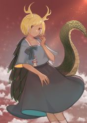 Rule 34 | 1girl, absurdres, antlers, blonde hair, blue shirt, closed mouth, dragon horns, dragon tail, feet out of frame, green skirt, highres, horns, kicchou yachie, red eyes, shirt, short hair, skirt, sly930105, smile, socks, solo, tail, touhou, turtle shell, white socks, wily beast and weakest creature, yellow horns
