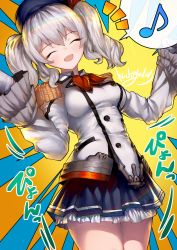 Rule 34 | 1girl, ^^^, black skirt, breasts, buttons, closed eyes, commentary request, cowboy shot, eighth note, epaulettes, gloves, highres, jacket, japanese text, kantai collection, kashima (kancolle), large breasts, long sleeves, military jacket, miniskirt, musical note, neckerchief, nichigeckoh, pleated skirt, red neckerchief, sidelocks, silver hair, skirt, smile, solo, spoken musical note, sunburst, sunburst background, thigh gap, twintails, two-tone background, wavy hair, white gloves, white jacket