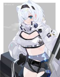 Rule 34 | 1girl, animal ears, arknights, artist name, aurora (arknights), bear ears, black hairband, blue eyes, border, breasts, cleavage, commentary, cowboy shot, crop top, do2, grey background, grey shorts, hairband, highres, jacket, large breasts, long hair, long sleeves, looking at viewer, midriff, navel, puffy long sleeves, puffy sleeves, short shorts, shorts, silver hair, smile, solo, standing, stomach, twitter username, very long hair, white border, white jacket