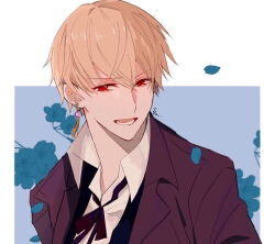Rule 34 | 1boy, blonde hair, coat, collared shirt, earrings, fate/grand order, fate (series), flower, gilgamesh (fate), hair between eyes, jewelry, lower teeth only, male focus, neck ribbon, open clothes, open coat, open mouth, petals, red eyes, ribbon, shirt, short hair, shu (oshigoto boshuuchuu), simple background, single earring, solo, solo focus, teeth