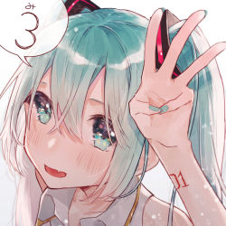 Rule 34 | 1girl, absurdly long hair, aqua eyes, aqua hair, artist name, artist request, blue eyes, blue hair, blush, close-up, commentary, fang, female focus, green eyes, green hair, green nails, hair between eyes, hatsune miku, long hair, looking at viewer, nail polish, necojishi, open mouth, smile, solo, speech bubble, twintails, very long hair, vocaloid, w, white background