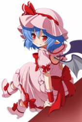 Rule 34 | 1girl, bat wings, blue hair, boots, bow, eichi yuu, fang, full body, hair ribbon, hat, looking at viewer, mob cap, pink footwear, pointy ears, red eyes, remilia scarlet, ribbon, short hair, simple background, sitting, smile, solo, touhou, white background, wings, wrist cuffs