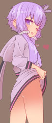 Rule 34 | 1girl, :p, ahoge, ass, blush, brown background, clothes lift, cowboy shot, from side, grey hoodie, hair ornament, heart, highres, hood, hood down, hoodie, light purple hair, long hair, long sleeves, looking at viewer, looking to the side, no panties, one eye closed, purple eyes, shirt lift, short hair with long locks, sidelocks, simple background, solo, standing, sumiyao (amam), tongue, tongue out, vocaloid, voiceroid, yuzuki yukari