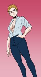 Rule 34 | 1girl, blonde hair, breasts, brown eyes, denim, highres, jeans, kimleon, large breasts, medium breasts, no bra, open clothes, open shirt, original, pants, pink background, shirt, short hair, simple background, solo, very short hair