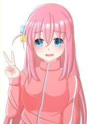 Rule 34 | 1girl, 2-butani, absurdres, blue eyes, blush, bocchi the rock!, breasts, commentary, cube hair ornament, gotoh hitori, hair between eyes, hair ornament, highres, jacket, long hair, long sleeves, medium breasts, one side up, open mouth, pink hair, pink jacket, pink track suit, side ahoge, simple background, solo, track jacket, upper body, v, white background