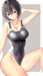 Rule 34 | 1girl, absurdres, arisu (alice1019sm), armpits, black hair, black one-piece swimsuit, breasts, cleavage, commentary request, competition swimsuit, covered navel, grey background, hair between eyes, highleg, highleg swimsuit, highres, large breasts, one-piece swimsuit, original, short hair, sitting, solo, swimsuit, two-tone swimsuit, wet, wet clothes, wet swimsuit