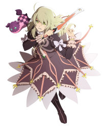Rule 34 | 1girl, bad id, bad pixiv id, blonde hair, boots, bow, creature, cropped jacket, dress, elize lutus, frills, full body, green eyes, jewelry, long hair, pendant, ribbon, shiramine (srmn09), smile, tales of (series), tales of xillia, teepo (tales), wand, white background