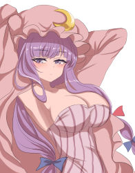 Rule 34 | 1girl, armpits, arms up, blue bow, blunt bangs, bow, breasts, closed mouth, crescent, crescent hat ornament, dress, hair bow, hat, hat ornament, highres, large breasts, light blush, mob cap, namiki (remiter00), patchouli knowledge, purple eyes, purple hair, red bow, robe, sideboob, simple background, solo, strapless, striped clothes, striped dress, touhou, white background