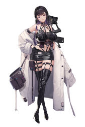 Rule 34 | 1girl, bare shoulders, black hair, black thighhighs, boots, breasts, buttons, chain, coat, collar, commentary request, earrings, explosive, female focus, full body, garter straps, gloves, goddess of victory: nikke, grenade, hand on own hip, head tilt, high heel boots, high heels, highres, holster, id card, jewelry, large breasts, lips, long hair, long sleeves, looking at viewer, midriff, mihara (nikke), miniskirt, o-ring, off shoulder, official art, parted lips, purple eyes, shiny clothes, shiny skin, simple background, skirt, smile, solo, standing, thigh boots, thigh holster, thighhighs, thighs, weapon, weapon on back, white background, yoya yogurt, zettai ryouiki