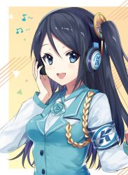 Rule 34 | 1girl, armband, black hair, blue vest, highres, krt girls, long hair, long sleeves, one side up, parted bangs, shirt, shoes, smile, vest, xiao qiong