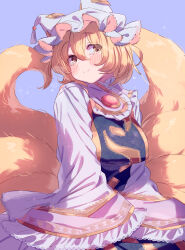 Rule 34 | 1girl, absurdres, animal ears, animal hat, blonde hair, blush, breasts, closed mouth, dress, fluffy, fox ears, fox tail, hair between eyes, hat, heart, highres, kitsune, large breasts, long sleeves, looking to the side, masanaga (tsukasa), mob cap, multiple tails, purple background, short hair, simple background, sleeves past fingers, sleeves past wrists, smile, solo, tabard, tail, touhou, upper body, white dress, white hat, wide sleeves, yakumo ran, yellow eyes