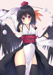 Rule 34 | 1girl, arm behind head, arm up, armpits, bare shoulders, black hair, black thighhighs, black wings, blush, breasts, cleavage, closed mouth, commentary request, covered navel, cowboy shot, feathered wings, groin, hat, japanese clothes, kimono, kourindou tengu costume, leaf fan, long sleeves, low wings, obi, pink background, pom pom (clothes), red eyes, red hat, ribbon-trimmed sleeves, ribbon trim, sabana, sash, shameimaru aya, short hair, simple background, smile, solo, thighhighs, tokin hat, touhou, waist cape, white kimono, wide sleeves, wings