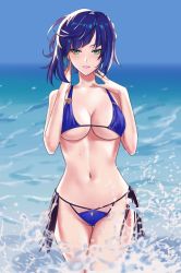 Rule 34 | 1girl, absurdres, bare arms, bare shoulders, bikini, blue bikini, blue hair, blue sky, blunt bangs, breasts, commentary, cowboy shot, day, genshin impact, green eyes, grin, hands up, highres, ira town, large breasts, looking at viewer, navel, ocean, outdoors, purple lips, short hair, sky, smile, solo, standing, stomach, swimsuit, thighs, wading, water, yelan (genshin impact)