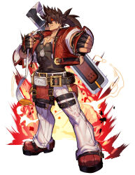 Rule 34 | 1boy, absurdres, belt, black shirt, brown hair, explosion, fingerless gloves, gloves, guilty gear, guilty gear strive, headband, highres, hungry clicker, jacket, looking at viewer, male focus, muscular, muscular male, pectoral cleavage, pectorals, ponytail, red jacket, shirt, simple background, sol badguy, solo, spiked hair, standing, thumbs down, white background
