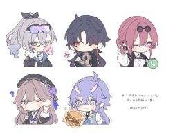 Rule 34 | 1boy, 4girls, ?, bailu (honkai: star rail), bandaged arm, bandages, black hair, blade (honkai: star rail), brown hair, blowing bubbles, burger, chibi, closed mouth, crossed arms, doll joints, flower, food, gradient hair, hair between eyes, hair over one eye, hat, herta (honkai: star rail), holding, honkai: star rail, honkai (series), horns, jacket, joints, kafka (honkai: star rail), long hair, multicolored hair, multiple girls, one eye closed, purinacow, purple eyes, purple flower, red eyes, silver wolf (honkai: star rail), simple background, squiggle, white background