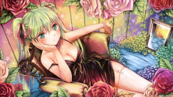 Rule 34 | 1girl, :t, alternate costume, bare shoulders, bow, breasts, chair, cleavage, dress, flower, from above, front-tie top, garter belt, garter straps, hair bow, hair ribbon, hatsune miku, head rest, highres, no bra, ribbon, sitting, solo, strap slip, thighhighs, twintails, vocaloid, wallpaper, white thighhighs, yakusa, zettai ryouiki