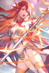 Rule 34 | 1girl, alternate costume, armor, artist name, cordelia (fire emblem), cosplay, est (fire emblem), est (fire emblem) (cosplay), fire emblem, fire emblem awakening, fire emblem heroes, fujikawa arika, gold armor, highres, holding, holding polearm, holding weapon, long hair, nintendo, open mouth, polearm, red eyes, red hair, solo, weapon