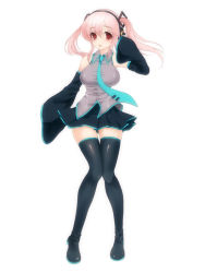 Rule 34 | 1girl, bad id, bad pixiv id, breasts, cosplay, detached sleeves, hatsune miku, hatsune miku (cosplay), headphones, necktie, nitroplus, pink hair, rabbit19, red eyes, simple background, skirt, smile, solo, super sonico, thighhighs, twintails, vocaloid, zettai ryouiki