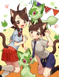 Rule 34 | 1boy, 1girl, :d, :o, ahoge, animal ears, blush, braid, breast pocket, brown footwear, brown hair, cat boy, cat ears, cat girl, cat tail, commentary request, creatures (company), eyelashes, fang, florian (pokemon), game freak, hand up, highres, juliana (pokemon), looking at viewer, necktie, nintendo, open mouth, orange necktie, orange shorts, pocket, pokemon, pokemon (creature), pokemon sv, purple necktie, purple shorts, rii (pixiv11152329), shoes, short hair, shorts, smile, socks, sprigatito, tail, tongue