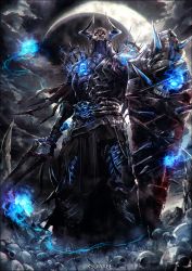 Rule 34 | 1boy, armor, character name, cloak, commentary request, crescent moon, eclipse, fate/grand order, fate (series), from below, glowing, glowing eyes, holding, holding shield, holding sword, holding weapon, horns, k-suwabe, king hassan (fate), looking at viewer, lunar eclipse, male focus, moon, night, night sky, red eyes, shield, skull, skull on head, sky, smoke, solo, sword, twitter username, weapon