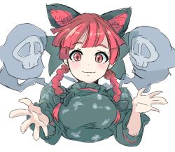 Rule 34 | 1girl, :3, animal ears, bifidus (exkagerou8665), bow, braid, cat ears, cropped torso, dress, green dress, hair bow, highres, hitodama, kaenbyou rin, long sleeves, palms, red hair, simple background, solo, touhou, twin braids, waving, white background