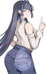 Rule 34 | 1girl, ass, black hair, blue eyes, blue hair, blue pants, breasts, clothing cutout, colored inner hair, hair intakes, highres, hololive, hololive english, large breasts, looking at viewer, meme, multicolored hair, official alternate costume, official alternate hair length, official alternate hairstyle, ouro kronii, ouro kronii (casual), pants, sak1 01, shirt, shoulder cutout, smile, solo, virtual youtuber, white background, white shirt, you may spank it once (meme)
