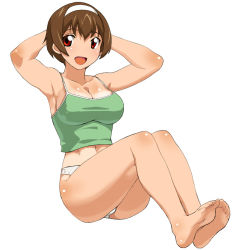Rule 34 | 00s, 10s, 1girl, a1 (initial-g), armpits, arms behind head, barefoot, bottomless, breasts, brown hair, camisole, dorsiflexion, exercising, feet, full body, hairband, hinako (issho ni training), issho ni training, large breasts, muscular, no pants, one-piece tan, open mouth, panties, red eyes, short hair, simple background, sit-up, sitting, smile, solo, tan, tanline, underwear, white background, white panties