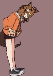 Rule 34 | 1girl, ahoge, animal ears, black footwear, black shorts, blush, brown background, brown eyes, brown hair, crossed bangs, full body, hair ornament, hands in pockets, highres, horse ears, horse girl, horse tail, jacket, jungle pocket (umamusume), long sleeves, looking at viewer, looking to the side, open clothes, open jacket, shirt, shoes, short hair, short shorts, shorts, simple background, sneakers, solo, standing, sudzume, tail, tongue, tongue out, umamusume