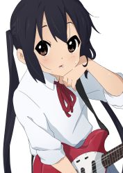 Rule 34 | 1girl, absurdres, black hair, blush, brown eyes, collared shirt, commentary request, guitar, highres, instrument, k-on!, kicchi (tmgk), looking at viewer, nakano azusa, parted lips, shirt, simple background, sleeves rolled up, solo, sweat, twintails, upper body, white background, white shirt