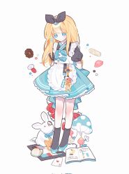 Rule 34 | 1girl, ace (playing card), ace of hearts, adapted costume, alice (alice in wonderland), alice in wonderland, apron, black bow, black socks, blonde hair, blue bow, blue bowtie, blue eyes, blue hanbok, bow, bowtie, colored eyelashes, cookie, flower, food, hair bow, hanbok, heart, highres, korean clothes, lia s2, long hair, monocle, mushroom, playing card, pocket watch, rose, socks, solo, thorns, vial, watch, white apron, white rabbit (alice in wonderland)