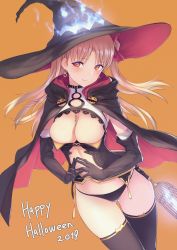 Rule 34 | 1girl, absurdres, alternate costume, black cape, black gloves, black hat, black panties, black thighhighs, blonde hair, blush, bow, breasts, cage, cape, cleavage, closed mouth, commentary request, earrings, elbow gloves, ereshkigal (fate), fate/grand order, fate (series), gloves, gluteal fold, hair bow, halloween, happy halloween, hat, highres, huge filesize, itaco, jewelry, long hair, medium breasts, own hands together, panties, red bow, red eyes, revealing clothes, simple background, solo, thigh gap, thighhighs, twintails, underwear, witch hat, yellow background