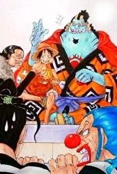 Rule 34 | 5boys, amputee, black hair, blue hair, blue skin, buggy the clown, colored skin, eating, food, galdino, hat, jinbe (one piece), male focus, meat, monkey d. luffy, multiple boys, one piece, prison clothes, scar, crocodile (one piece), straw hat, vest