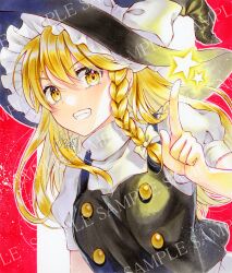Rule 34 | 1girl, alto2019, black hat, black vest, blonde hair, bow, braid, buttons, grin, hat, hat bow, kirisame marisa, long hair, looking at viewer, marker (medium), puffy short sleeves, puffy sleeves, sample watermark, shirt, short sleeves, single braid, smile, solo, star (symbol), touhou, traditional media, vest, watermark, white bow, white shirt, witch hat