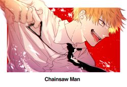 Rule 34 | 1boy, adam&#039;s apple, black necktie, blonde hair, border, chainsaw man, collared shirt, copyright name, denji (chainsaw man), eyebrows, fang, fangs, hair between eyes, highres, iduming111, male focus, necktie, open mouth, profile, red background, scowl, sharp teeth, shirt, short hair, solo, teeth, tongue, tongue out, white border, white shirt, yellow eyes