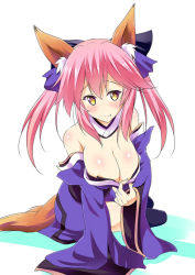 Rule 34 | 10s, animal ears, blue legwear, blush, breasts, cleavage, detached sleeves, fate/extra, fate/extra ccc, fate/grand order, fate (series), fox ears, fox tail, hair ribbon, large breasts, pink hair, pony r, ribbon, solo, tail, tamamo no mae (fate/extra), yellow eyes