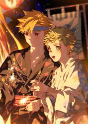 Rule 34 | 2boys, absurdres, bishounen, blonde hair, brothers, commentary request, festival, fireworks, hair between eyes, headband, highres, holding, holding fireworks, japanese clothes, kimono, male focus, mane (omedemidori), multiple boys, night, night sky, open mouth, original, outdoors, red eyes, short hair, siblings, sky, sparkle, sparkler, star (sky), starry sky, teeth, yellow eyes