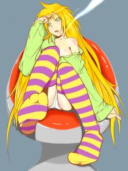 Rule 34 | 1girl, blonde hair, cube85, feet, foot focus, foreshortening, green eyes, highres, original, soles, solo, striped clothes, striped thighhighs, thighhighs
