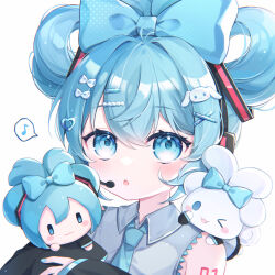 Rule 34 | 1girl, :o, aqua hair, arm tattoo, bare shoulders, black sleeves, blue bow, blue eyes, blue hair, blue necktie, bow, character doll, cinnamiku, cinnamoroll, commentary, detached sleeves, eighth note, grey shirt, hair bow, hair ornament, hair rings, hairclip, hairpin, hatsune miku, headset, heart, heart hair ornament, highres, long hair, looking at viewer, multiple hairpins, musical note, necktie, nemuri (nemu729o), number tattoo, open mouth, shirt, simple background, sleeveless, sleeveless shirt, solo, spoken musical note, symbol-only commentary, tattoo, tied ears, updo, upper body, very long hair, vocaloid, white background